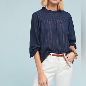 Maeve Navy Blue & Gold Metallic Stripes Reston Blouse Lightweight Women’s Large